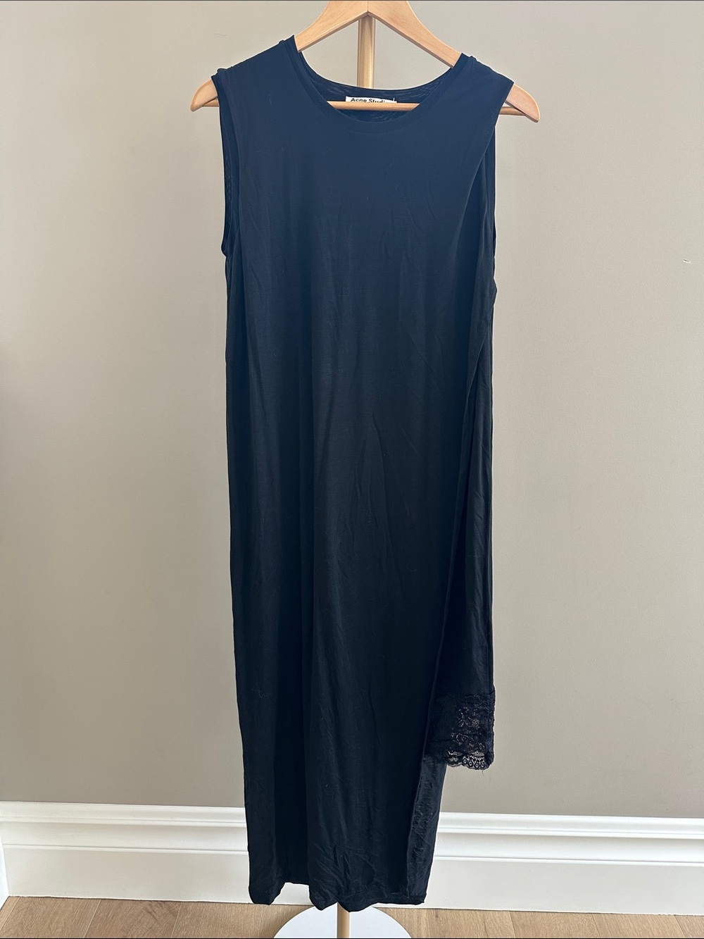 Acne Studios Black Lace Tencel Maxi Dress Asymmetrical Hem Tank Medium